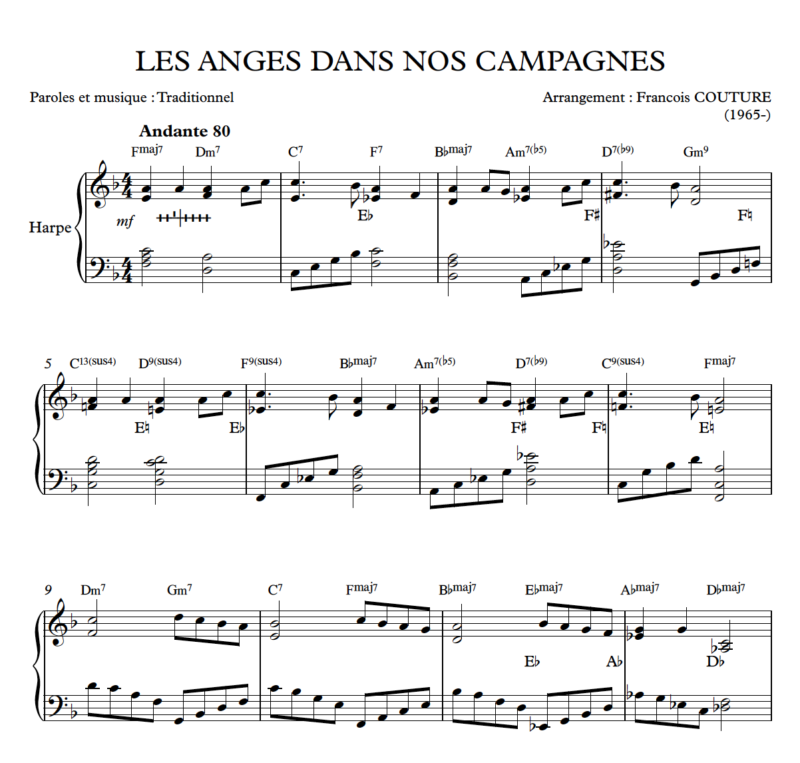 Partitura para arpa de Les Anges Dans Nos Campagnes con portada ilustrada y notación musical