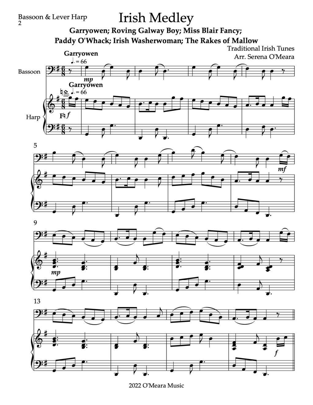 Irish Medley (Lever Harp and Melody Instrument) Harp Column Music