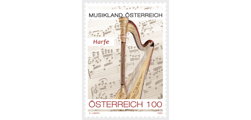 Austrian-harp-stamp-September-2025 Austrian commemorative stamp featuring a harp in the foreground and a music score in the background
