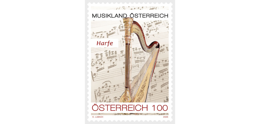 Austrian-harp-stamp-September-2025 Austrian commemorative stamp featuring a harp in the foreground and a music score in the background