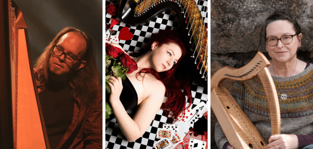 Three headshots of harpists presenting at EIHF 2026, including Park Stickney, Amy Turk, and Karen Marshalsay