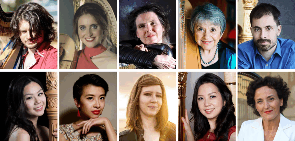 A grid showing headshots of 10 harpists performing at One Harp World