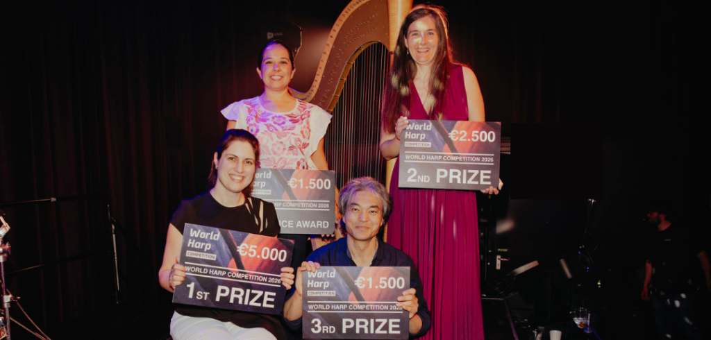 9th-World-Harp-Competition-in-Utrecht-winners-award-ceremony Winners of the 2026 World Harp Competition hold prize certificates at the awards ceremony