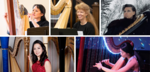 A grid containing individual headshots of five harpists with harps