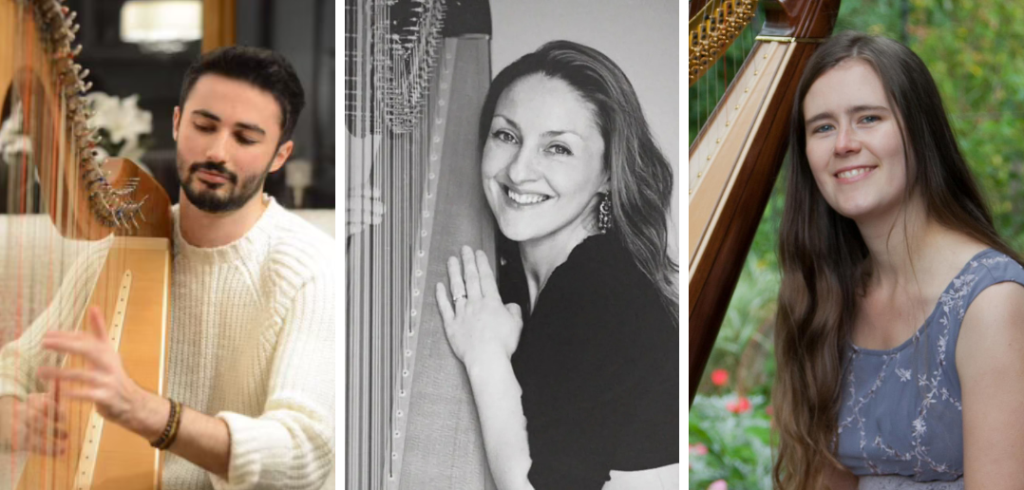 Three headshots of teachers at the 2026 Cambrian Harps festival