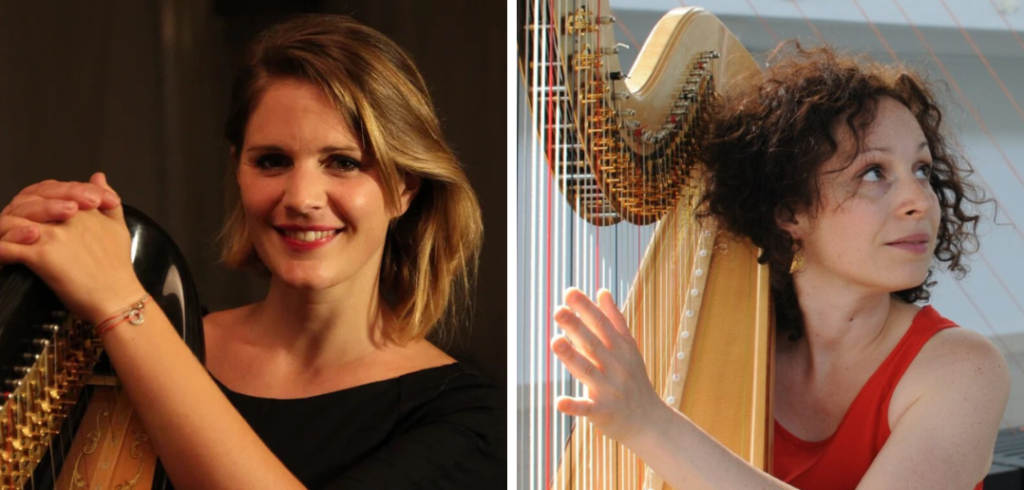 Headshots of One Percent Harp founders Agnès Bérard and Primor Sluchin with their harps