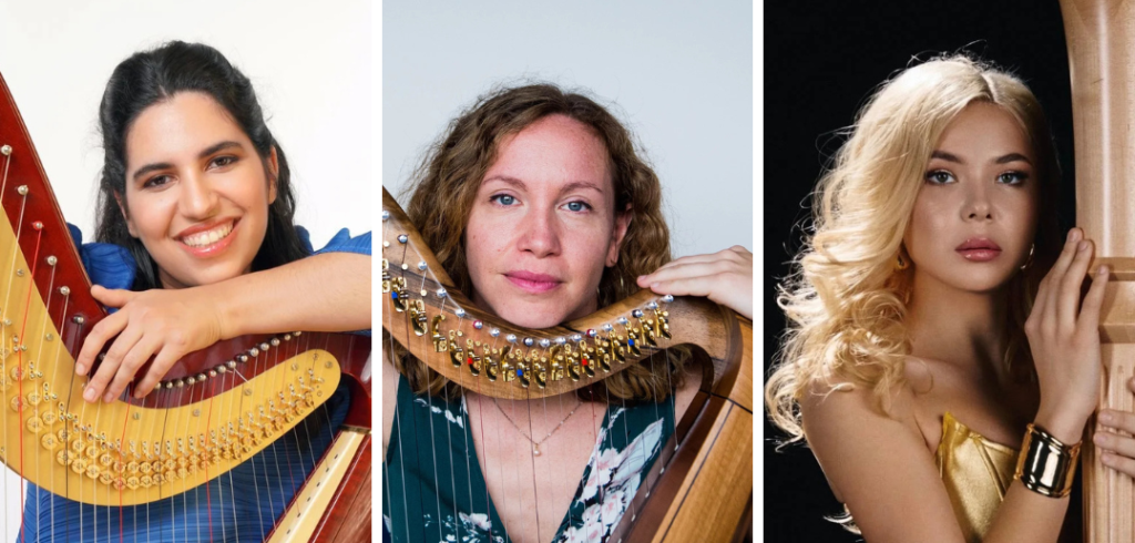 VHC_Festival_featured-artists-2027 Headshots of Alexandra Bidi, Cécile Delage, and Alisa Sadikova with their harps