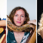 Headshots of Alexandra Bidi, Cécile Delage, and Alisa Sadikova with their harps