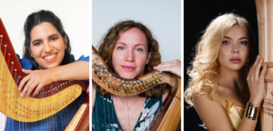 Headshots of Alexandra Bidi, Cécile Delage, and Alisa Sadikova with their harps